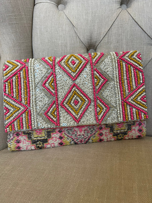 Pink Aztec Embellished Clutch